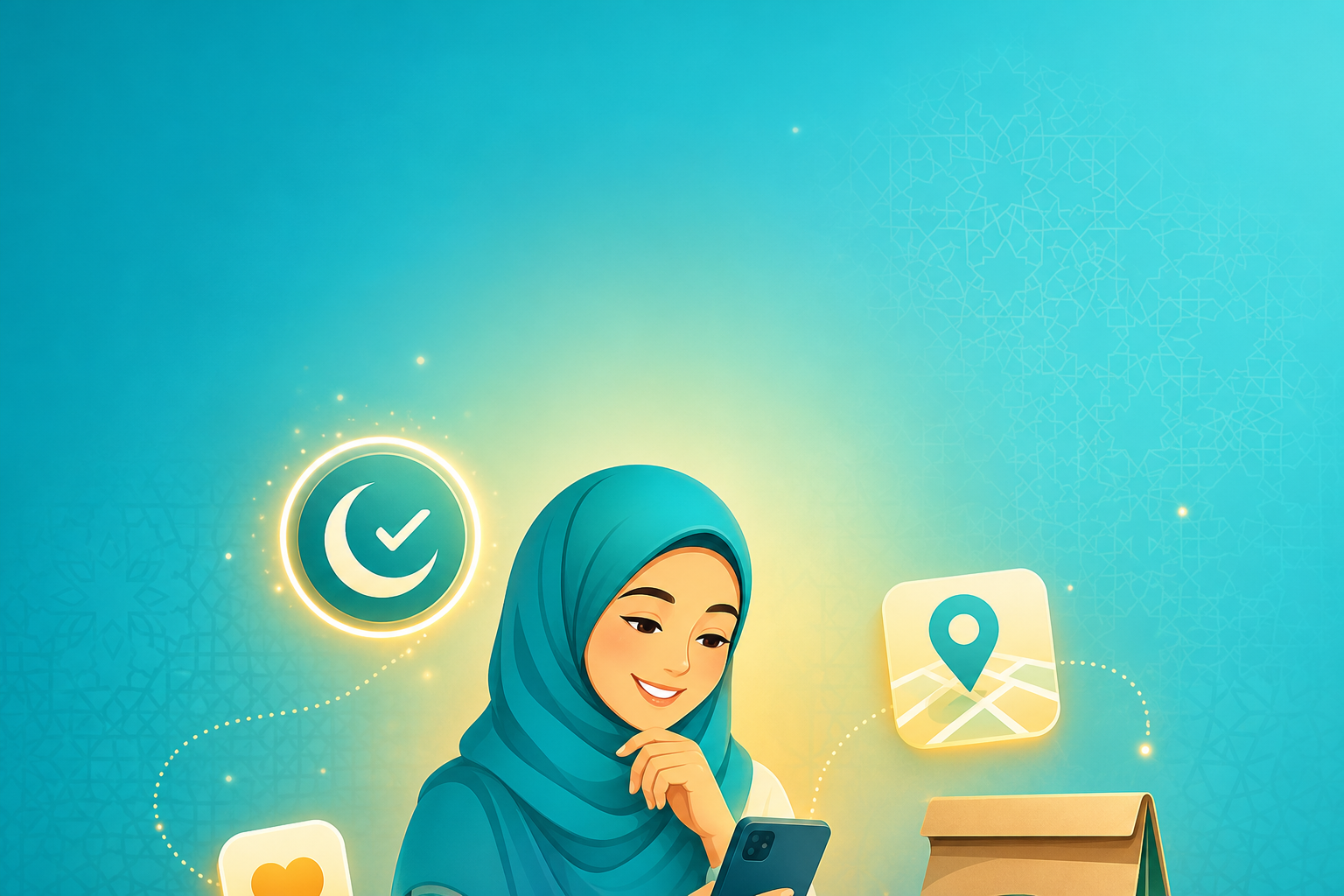 Illustration of a woman in a teal hijab ordering verified halal food on her phone